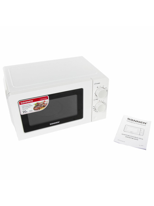 Микроволновая печь SONNEN MW2070B-6MW, 20 л, 700 Вт, таймер, механическое управление, белая, 454651