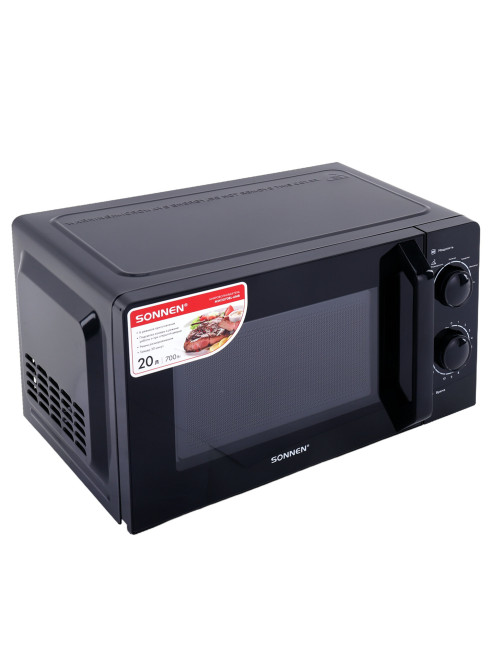 Микроволновая печь SONNEN MW2070BL-6MB, 20 л, 700 Вт, таймер, механическое управление, ручка, черная, 454983