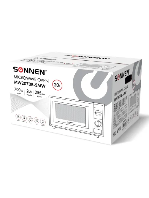 Микроволновая печь SONNEN MW2070B-5MW, 20 л, 700 Вт, таймер, механическое управление, белая, 454654