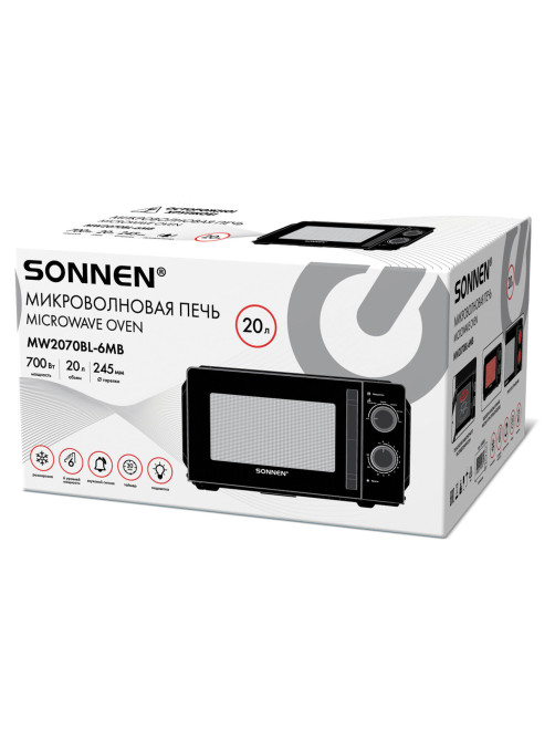 Микроволновая печь SONNEN MW2070BL-6MB, 20 л, 700 Вт, таймер, механическое управление, ручка, черная, 454983