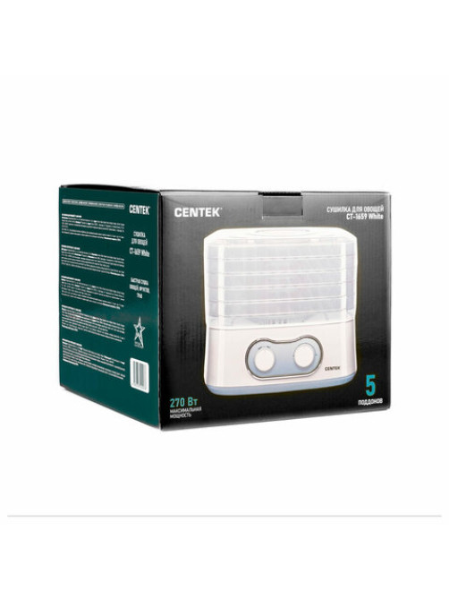 Сушилка для овощей CENTEK CT-1659, объём 5 л, 270 Вт, 5 поддонов, механическое управление, белая, CT-1659 White