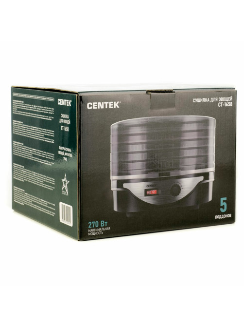 Сушилка для овощей CENTEK CT-1658, объём 4 л, 270 Вт, 5 поддонов, механическое управление, черная