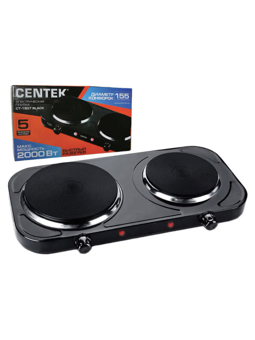 Настольная электрическая плита CENTEK CT-1507, 2000Вт, 2 конфорки, 5 режимов нагрева, черная, CT-1507 Black