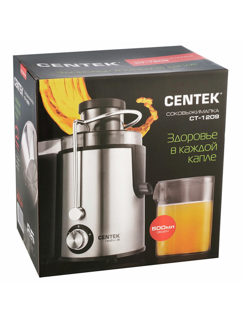 Соковыжималка CENTEK CT-1209, 600 Вт, стакан 0,5 л, емкость для жмыха 1,5 л, металл, сталь/черный