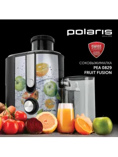 Соковыжималка POLARIS PEA 0829 Fruit Fusion, 800 Вт, стакан 0,35 л, емкость жмыха 1 л, пластик, сталь/черный, 15935