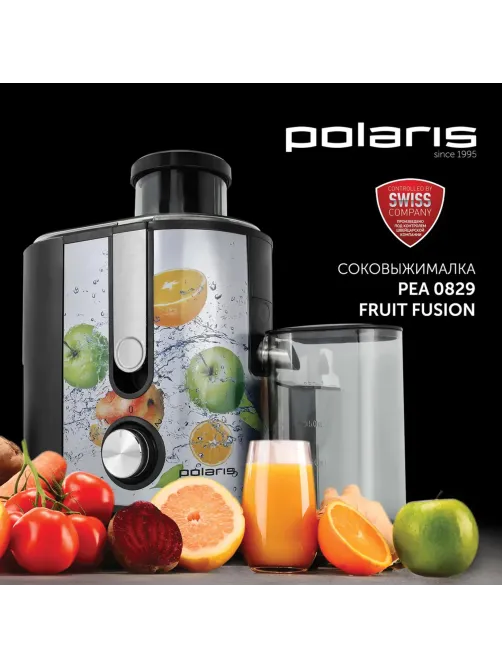 Соковыжималка POLARIS PEA 0829 Fruit Fusion, 800 Вт, стакан 0,35 л, емкость жмыха 1 л, пластик, сталь/черный, 15935