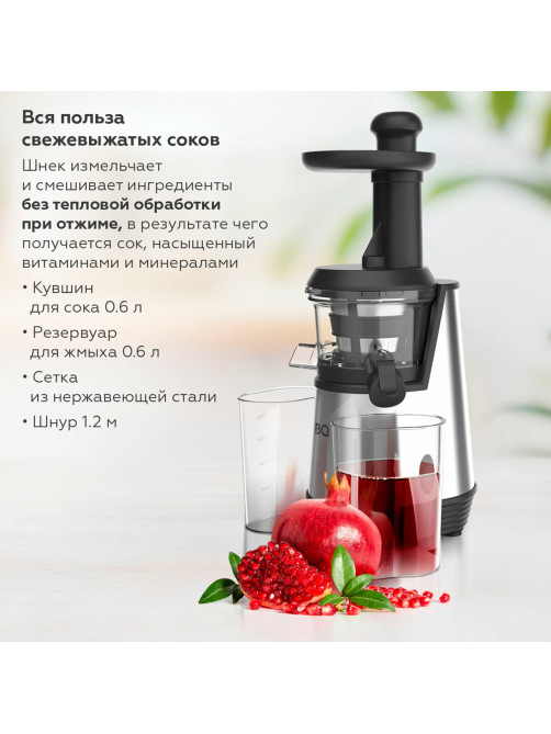 Соковыжималка BQ (БИ-КЬЮ) J2003, 200 Вт, стакан 0,6 л, емкость жмыха 0,6 л, металл, серый, 86197688