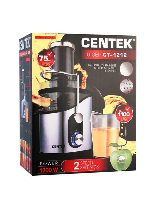 Соковыжималка CENTEK CT-1212, 1200 Вт, стакан 1,1 л, емкость для жмыха 1,7 л, металл, сталь/черный