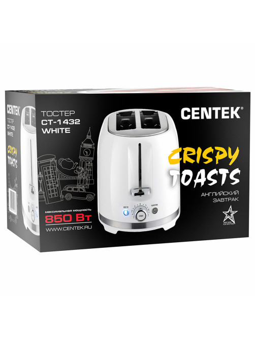 Тостер CENTEK CT-1432, 850 Вт, 2 тоста, 7 режимов, пластик, белый, CT-1432 WHITE
