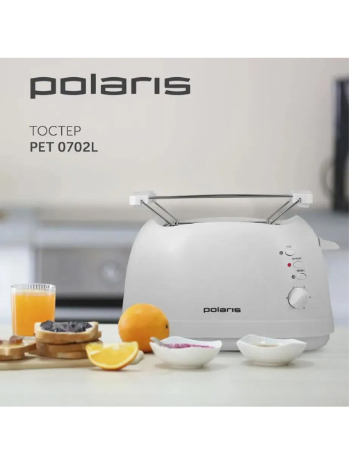 Тостер POLARIS PET 0702L, 750 Вт, 2 тоста, 6 режимов, механическое управление, пластик, белый, 03277