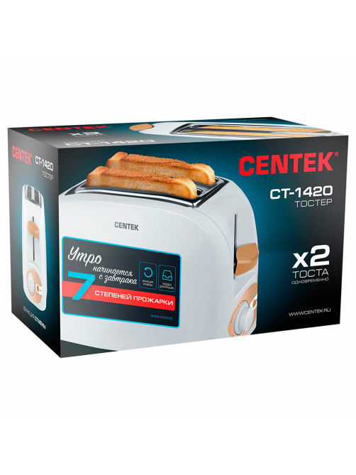 Тостер CENTEK CT-1420, 750 Вт, 2 тоста, 7 режимов, пластик, белый