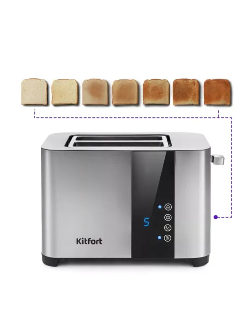 Тостер KITFORT KT-2047, 850 Вт, 2 тоста, 7 режимов, LED-дисплей, сталь, серебристый, КТ-2047