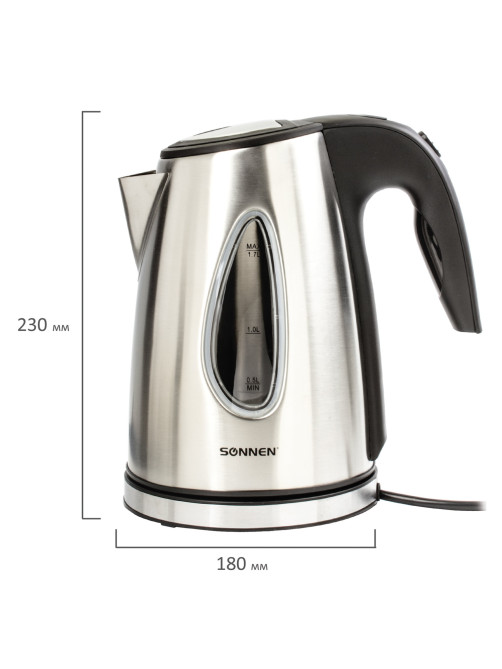 Чайник SONNEN KT-1721, 1,7 л, 2200 Вт, закрытый нагревательный элемент, нержавеющая сталь, черный, подсветка, 454347