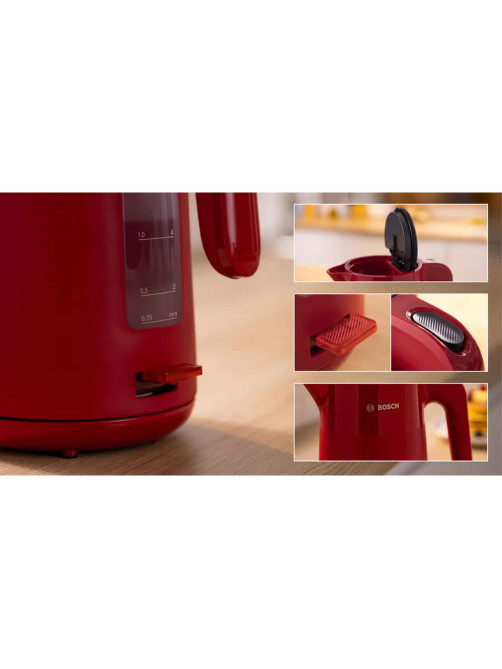 Чайник BOSCH TWK 2M164, 1,7 л, 2400 Вт, закрытый нагревательный элемент, пластик, красный