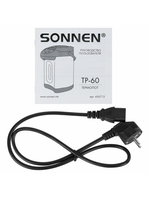 Термопот SONNEN TP-60, 6 л, 900 Вт, 1 температурный режим, 3 режима подачи воды, сталь, черный/серебро, 456713