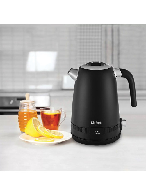 Чайник KITFORT КТ-6121-1, 1,7 л, 2200 Вт, закрытый нагревательный элемент, LED-дисплей, ТЕРМОРЕГУЛЯТОР, сталь, черный