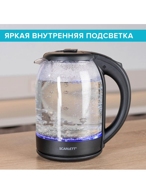 Чайник SCARLETT SC-EK27G90, 1,7 л, 1800 Вт, закрытый нагревательный элемент, стекло, черный