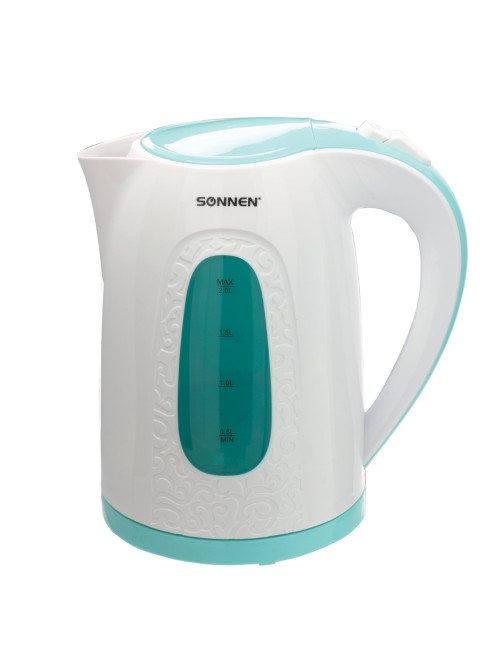 Чайник SONNEN KT-2016, 2 л, 2200 Вт, закрытый нагревательный элемент, пластик, белый/голубой, 453417