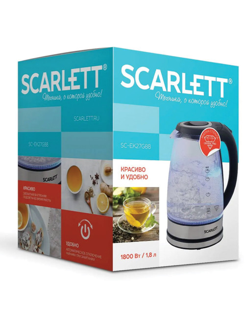 Чайник SCARLETT SC-EK27G88, 1,8 л, 1800 Вт, закрытый нагревательный элемент, стекло, черный