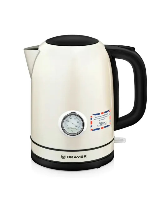 Чайник с термометром BRAYER BR1005YE, 1,7л, 2200Вт, закрытый нагревательный элемент, сталь, бежевый