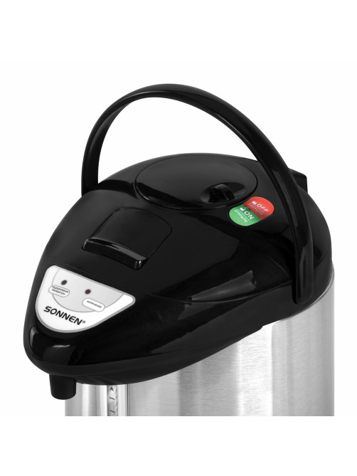 Термопот SONNEN TP-28, 3 л, 900 Вт, 1 температурный режим, ручной насос, сталь, черный/серебро, 456712