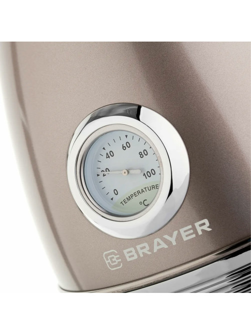 Чайник с термометром BRAYER BR1007, 1,7 л, 2200 Вт, закрытый нагревательный элемент, сталь, бежевый