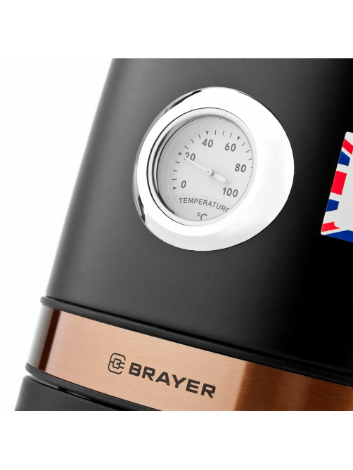 Чайник с термометром BRAYER BR1005BK, 1,7 л, 2200 Вт, закрытый нагревательный элемент, сталь, черный