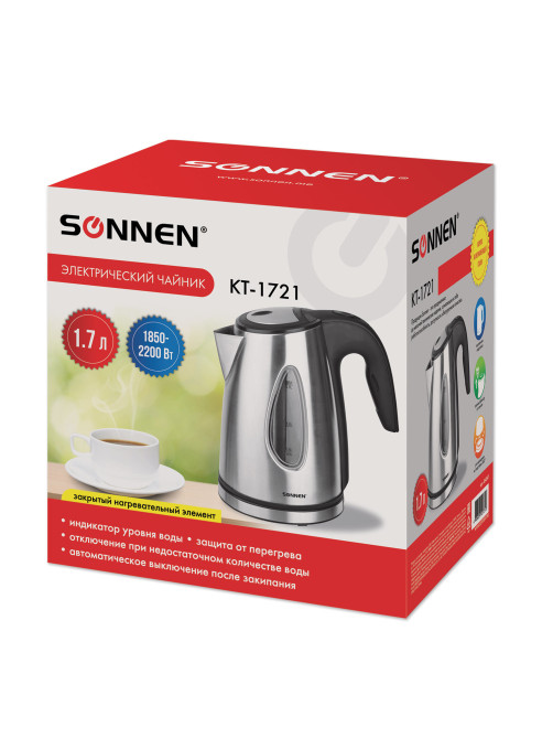 Чайник SONNEN KT-1721, 1,7 л, 2200 Вт, закрытый нагревательный элемент, нержавеющая сталь, черный, подсветка, 454347