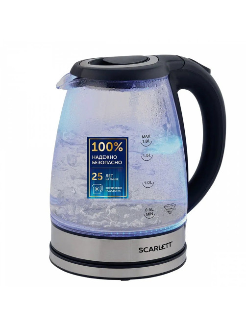 Чайник SCARLETT SC-EK27G88, 1,8 л, 1800 Вт, закрытый нагревательный элемент, стекло, черный