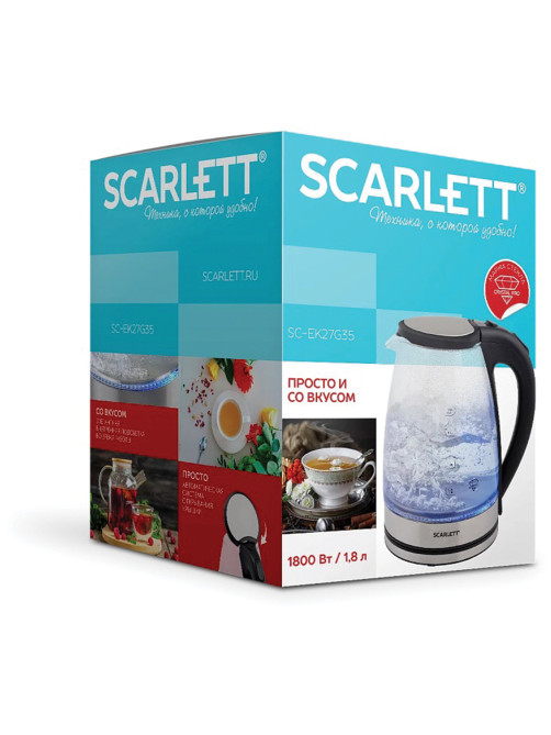 Чайник SCARLETT SC-EK27G35, 1,8 л, 1800 Вт, закрытый нагревательный элемент, стекло, стальной