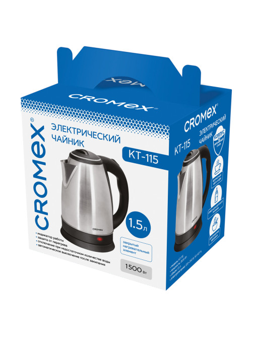 Чайник CROMEX (КРОМЕКС) KT-115, 1,5 л, 1500 Вт, закрытый нагревательный элемент, нержавеющая сталь, серебристый, 452925