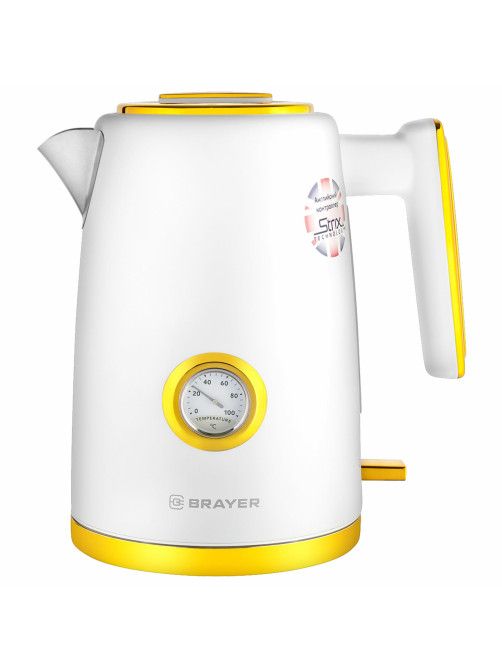 Чайник с термометром BRAYER BR1018, 1,7 л, 2200 Вт, закрытый нагревательный элемент, сталь, белый
