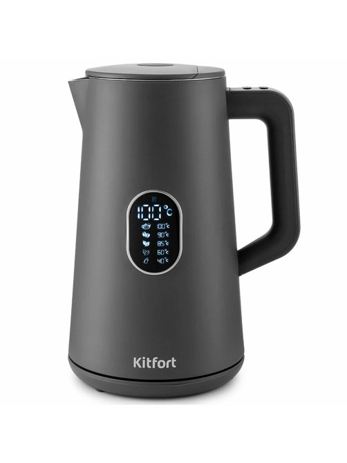 Чайник KITFORT КТ-6115-2, 1,5 л, 1800 Вт, закрытый нагревательный элемент, ТЕРМОРЕГУЛЯТОР, двойные стенки, серый