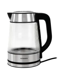 Чайник электрический SONNEN KT-6801, 1,8 л, 2200 Вт, термостойкое стекло текстура полоска, внутренняя подсветка синяя, нерж. сталь, 455143