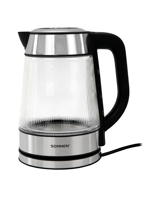 Чайник электрический SONNEN KT-6801, 1,8 л, 2200 Вт, термостойкое стекло текстура полоска, внутренняя подсветка синяя, нерж. сталь, 455143