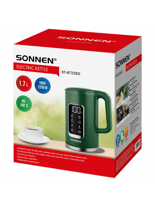 Чайник с терморегулятором и дисплеем, ДВОЙНЫЕ СТЕНКИ, SONNEN KT-8723EG, 1,7 л, 2200 Вт, изумрудный, 454689