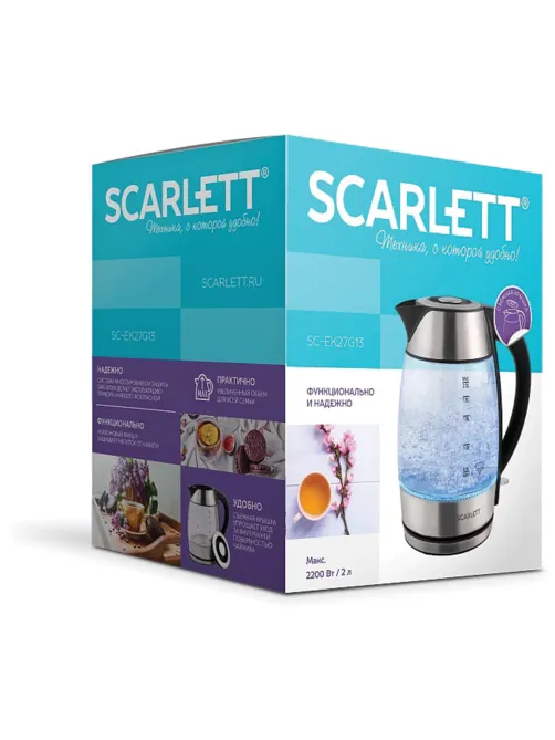 Чайник SCARLETT SC-EK27G13, 2 л, 2200 Вт, закрытый нагревательный элемент, стекло, стальной