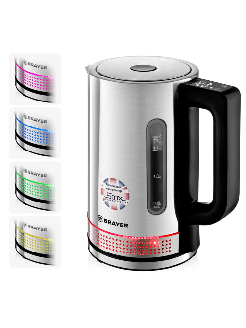 Чайник с терморегулятором BRAYER BR1060, 1,7 л, 2200 Вт, закрытый нагревательный элемент, сталь