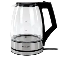 Чайник электрический SONNEN KT-1807, 1,8 л, 2200 Вт, термостойкое стекло, внутренняя подсветка синяя, нержавеющая сталь, 455140