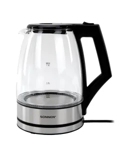 Чайник электрический SONNEN KT-1807, 1,8 л, 2200 Вт, термостойкое стекло, внутренняя подсветка синяя, нержавеющая сталь, 455140