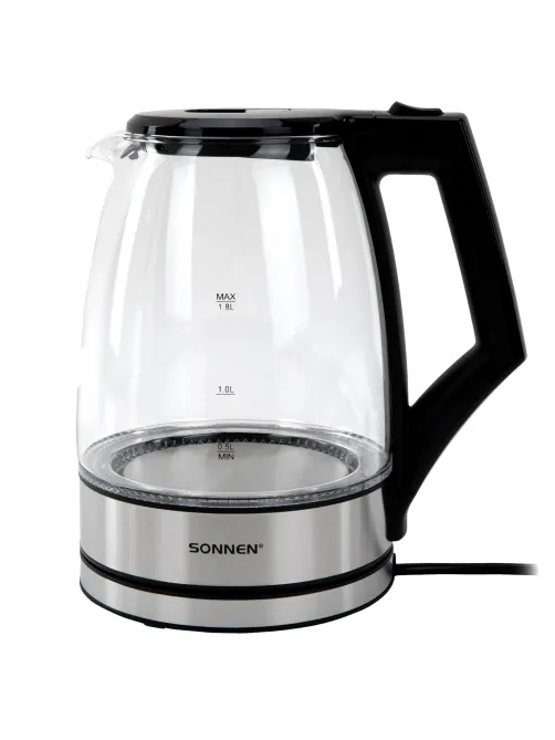 Чайник электрический SONNEN KT-1807, 1,8 л, 2200 Вт, термостойкое стекло, внутренняя подсветка синяя, нержавеющая сталь, 455140