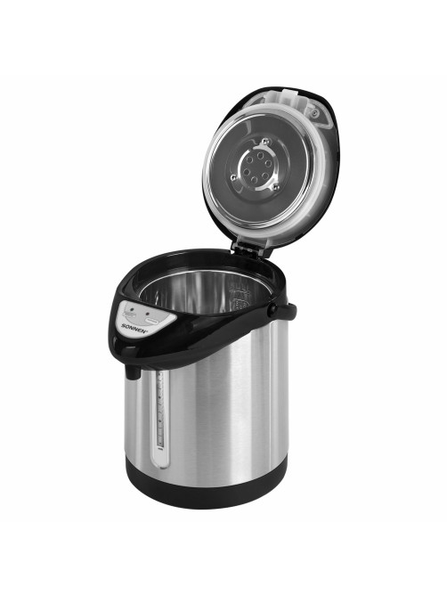 Термопот SONNEN TP-28, 3 л, 900 Вт, 1 температурный режим, ручной насос, сталь, черный/серебро, 456712