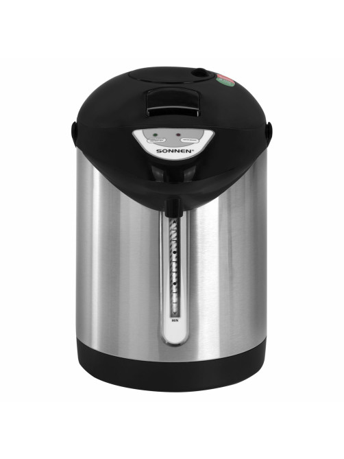 Термопот SONNEN TP-28, 3 л, 900 Вт, 1 температурный режим, ручной насос, сталь, черный/серебро, 456712