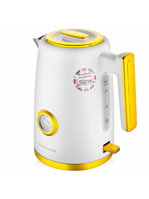 Чайник с термометром BRAYER BR1018, 1,7 л, 2200 Вт, закрытый нагревательный элемент, сталь, белый
