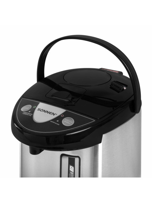 Термопот SONNEN TP-50, 5 л, 900 Вт, 1 температурный режим, 3 режима подачи воды, сталь, белый/серебро, 456711