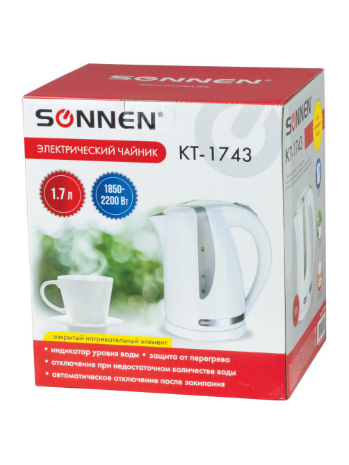 Чайник SONNEN KT-1743, 1,7 л, 2200 Вт, закрытый нагревательный элемент, пластик, белый, 453414