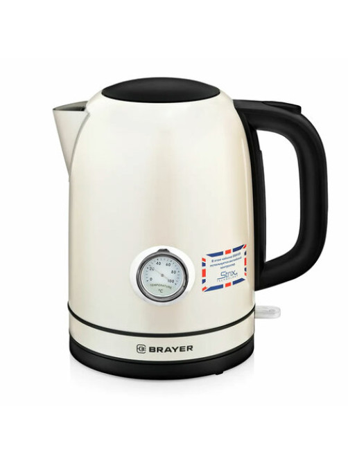 Чайник с термометром BRAYER BR1005YE, 1,7л, 2200Вт, закрытый нагревательный элемент, сталь, бежевый