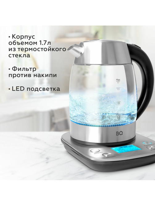 Чайник BQ (БИ-КЬЮ) KT1703G, 1,7 л, 2200 Вт, закрытый нагревательный элемент, ТЕРМОРЕГУЛЯТОР, стекло, 86197970