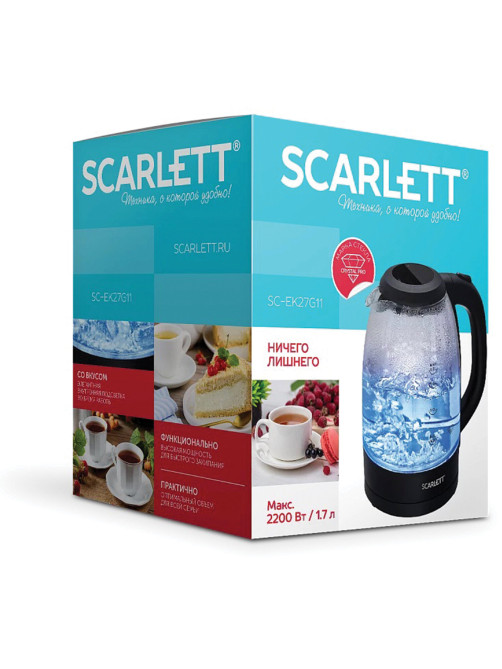 Чайник SCARLETT SC-EK27G11, 1,7 л, 2200 Вт, закрытый нагревательный элемент, стекло, черный