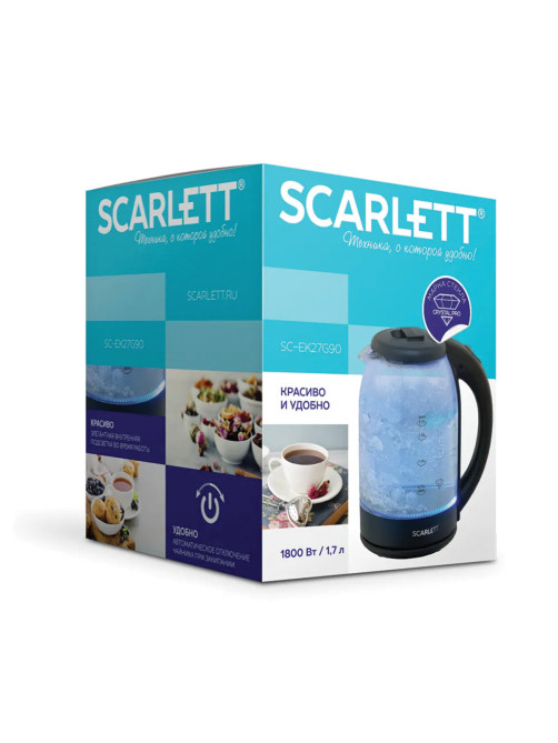 Чайник SCARLETT SC-EK27G90, 1,7 л, 1800 Вт, закрытый нагревательный элемент, стекло, черный